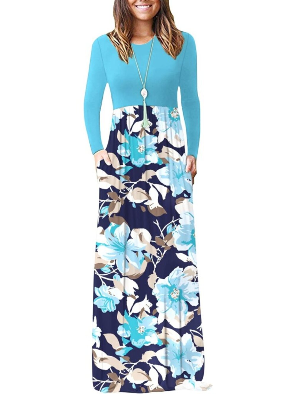 Women's Light Blue Flower Crew Neck Long Sleeve Pull On Soft Pockets Maxi Dress